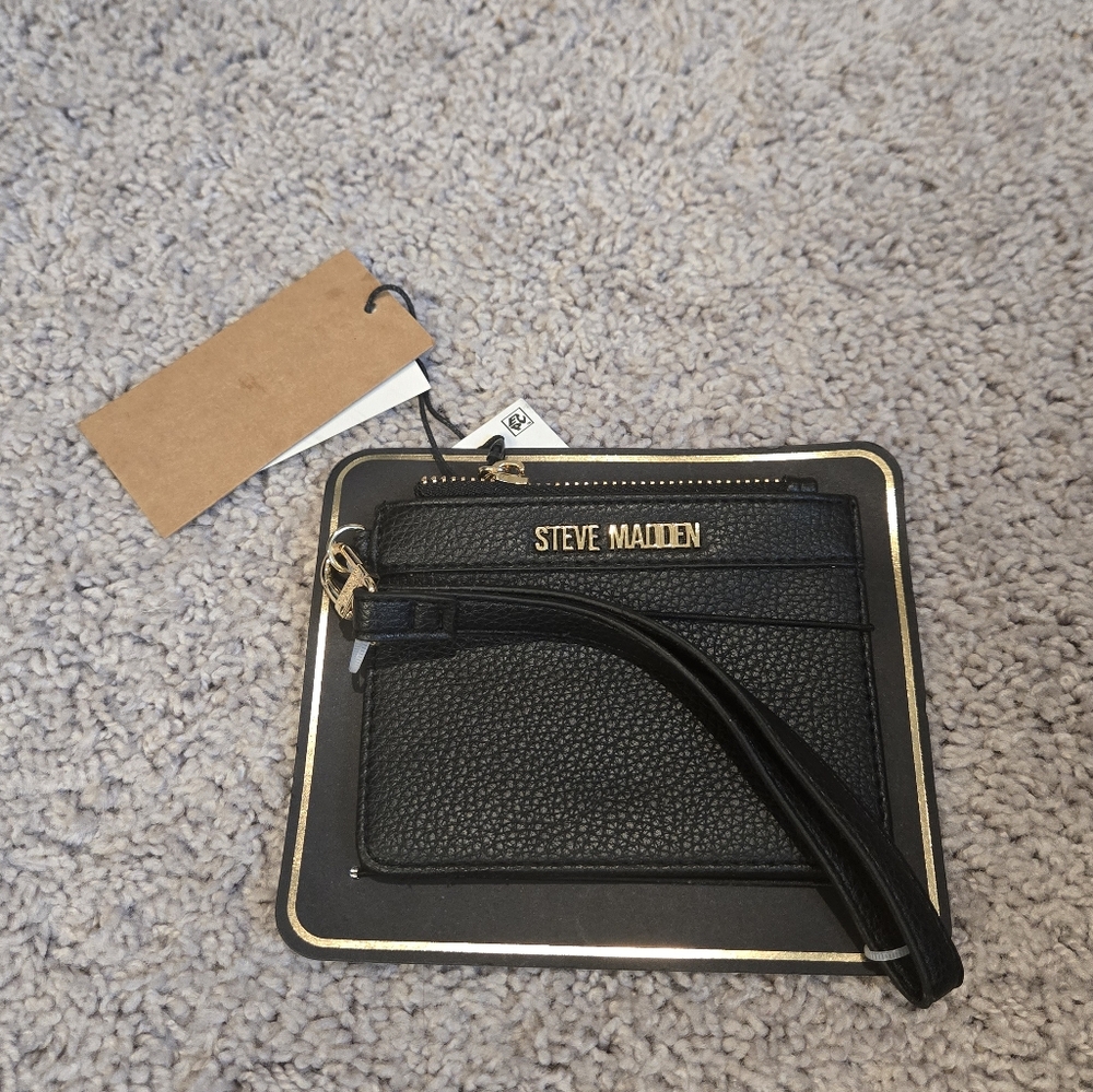 Steve Madden Black / Gold Card Case Wallet With Zipper Compartment